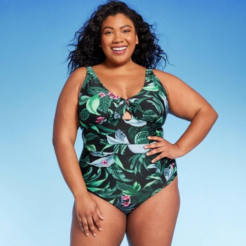 New - Women's Tropical Print Full Coverage Tummy Control Tie-Front One Piece Swimsuit - Kona Sol Multi 14