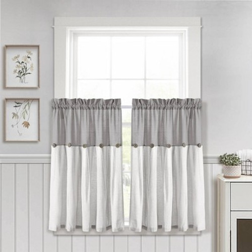 Open Box Set of 2 36"x29" Linen Button Kitchen Curtain Tiers Gray/White Lush D