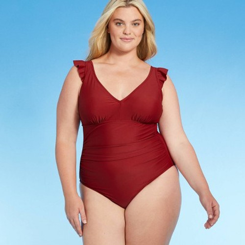 New - Women's Plus Size Cap Sleeve Plunge One Piece Swimsuit - Kona Sol Burgundy 24W