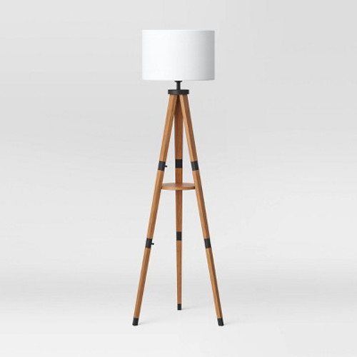 New - Wood Tripod Floor Lamp with Shelf Brown (Includes LED Light Bulb) - Threshold