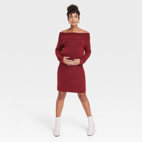Open Box Off the Shoulder Maternity Sweater Dress- Isabel Maternity Burgundy S