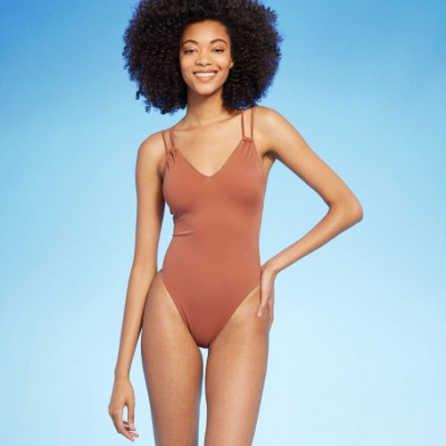 New - Women's Tunneled Plunge One Piece Swimsuit - Shade & Shore Brown M