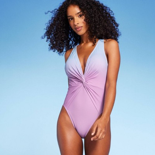 New - Women's Twist-Front Plunge One Piece Swimsuit - Shade & Shore Blue/Purple Ombre M