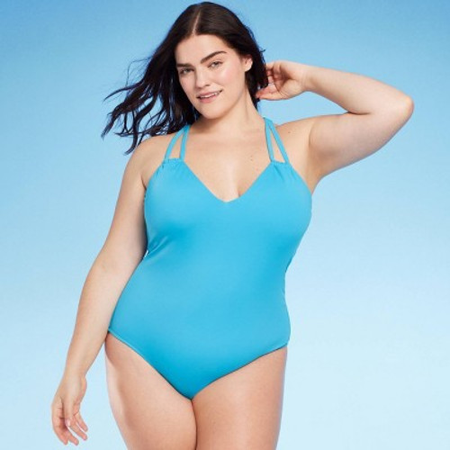 New - Women's Tunneled Plunge One Piece Swimsuit - Shade & Shore Turquoise Blue 22