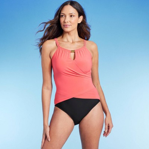 New - Women's High Neck Keyhole Wrap One Piece Swimsuit - Aqua Green Coral Pink S