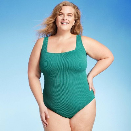 New - Women's Pucker Square Neck One Piece Swimsuit - Kona Sol Teal Green 20