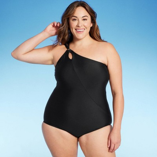 New - Lands' End Women's UPF 50 Full Coverage Tummy Control One Shoulder One Piece Swimsuit - Black 2X
