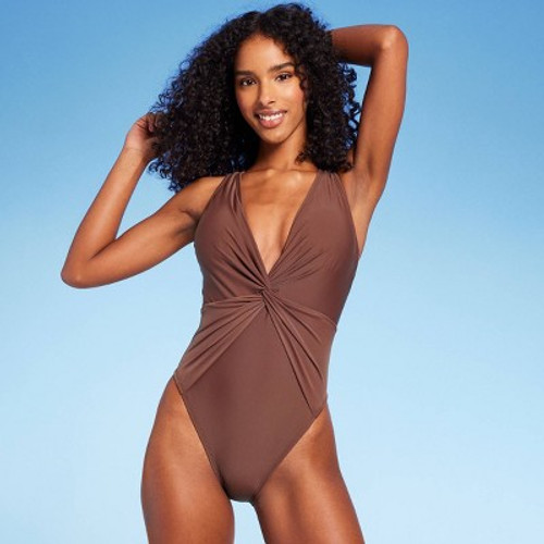 New - Women's Twist-Front Plunge One Piece Swimsuit - Shade & Shore Brown L
