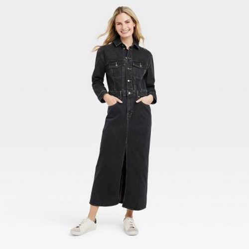 New - Women's Long Sleeve Denim Maxi Dress - Universal Thread Black Wash 12