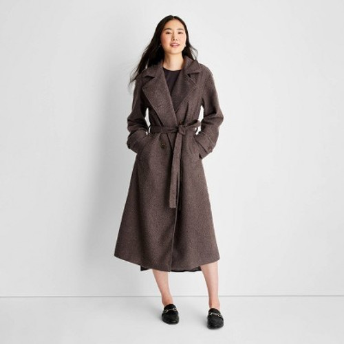 New - Women's Front-Tie Notched Lapel Double Breasted Long Coat - Future Collective with Reese Blutstein Dark Gray XS