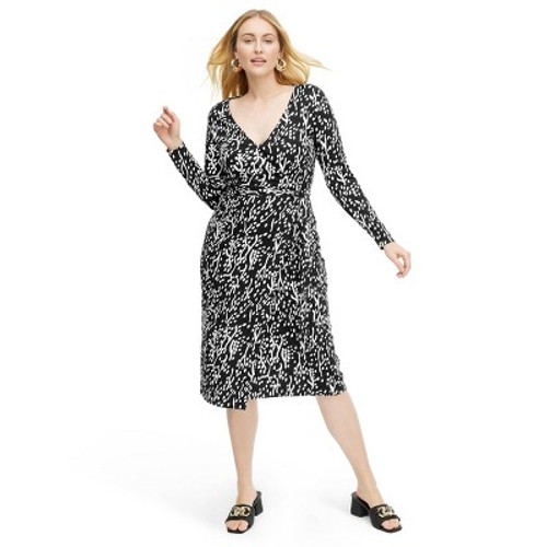 New - Women's Long Sleeve Midi Sea Spots Black Wrap Dress - DVF XL