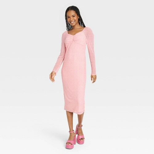 New - Black History Month Women's Long Sleeve House of Aama Sweetheart Neck A-Line Dress - Pink Polka Dots XL