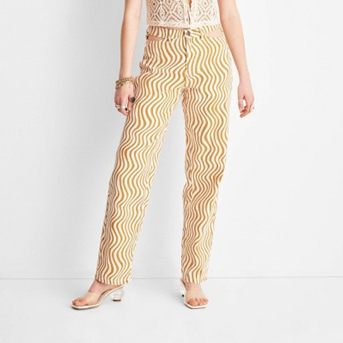 New - Women's Wave Print Cut Out Waist Straight Leg Jeans - Future Collective with Alani Noelle Cream/Yellow 12