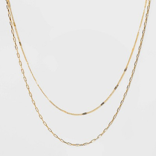 Open Box 14K Gold Plated Flat Beaded and Link Chain Duo Necklace - A New Day Gold