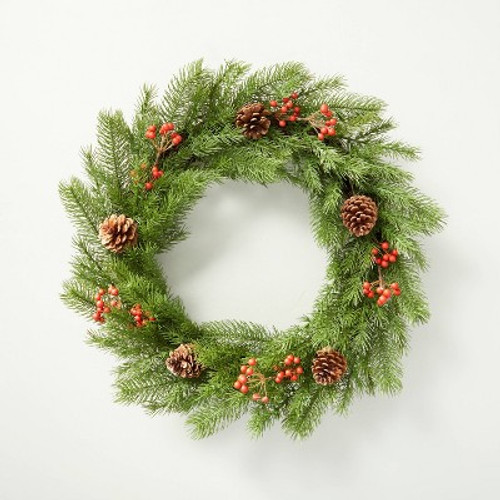 New - 20" Pine & Winterberry Seasonal Faux Wreath with Pinecones Green/Red/Brown - Hearth & Hand with Magnolia