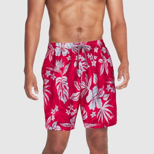New - Speedo Men's 7" Floral Print Swim Shorts - Coral Red XL