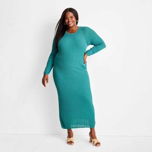 New - Women's Long Sleeve Sheer Midi Dress - Future Collective with Jenny K. Lopez Teal Blue 1X