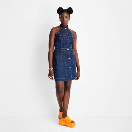 Women's Sleeveless Collared Denim Mini Dress - Future Collective with Alani Noelle Blue 6