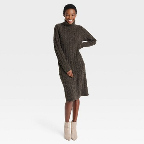 Women's Turtleneck Long Sleeve Cozy Sweater Dress - A New Day Brown M