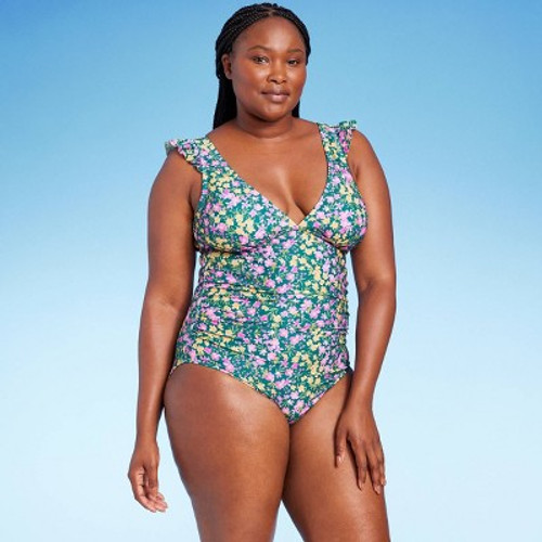 Women's Ruffle Shoulder Ruched Full Coverage One Piece Swimsuit - Kona Sol Multi L