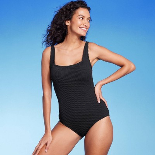Women's Full Coverage Pucker Textured Square Neck One Piece Swimsuit - Kona Sol Black M