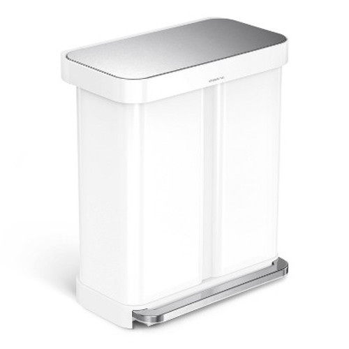 New - simplehuman 58 Liter / 15.3 Gallon Rectangular Hands-Free Dual Compartment Recycling Kitchen Step Trash Can with Soft-Close Lid White Steel