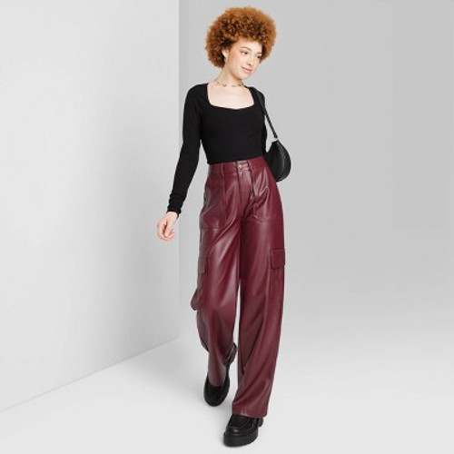 Women's High-Rise Straight Leg Faux Leather Cargo Pants - Wild Fable Burgundy S