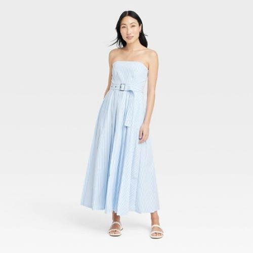 Women's Belted Midi Bandeau Dress - A New Day Blue/White Striped 8