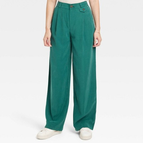 Women's High-Rise Relaxed Fit Full Length Baggy Wide Leg Trousers - A New Day Green 4