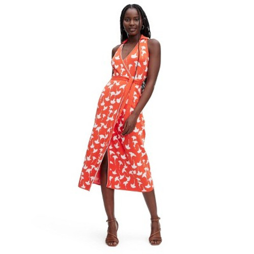 Women's Collared Sleeveless Ginkgo Cherry Tomato Sweaterknit  Midi Wrap Dress - DVF XXS