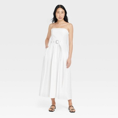 Women's Belted Midi Bandeau Dress - A New Day White 6