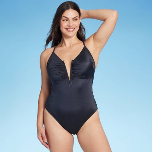 Women's Shirred V-Wire Plunge One Piece Swimsuit - Shade & Shore Gray L