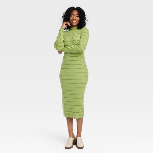 New - Black History Month Women's House of Aama High Neck Maxi Knit Dress - Green Striped M