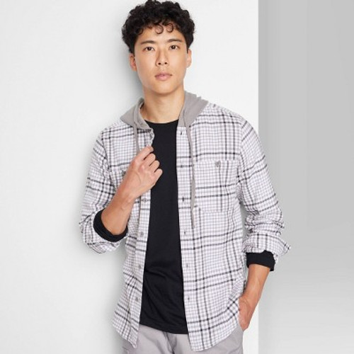 Men's Checked Hooded Button-Down Shirt - Original Use Light Gray M
