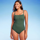 New - Women's Pucker Textured Square Neck High Coverage One Piece Swimsuit - Kona Sol Dark Green M