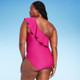 New - Women's Ruffle One Shoulder Full Coverage One Piece Swimsuit - Kona Sol Pink S