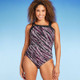 New - Women's UPF 50 Asymmetrical Shoulder One Piece Swimsuit - Aqua Green Burgundy Multi M
