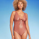 New - Women's Bralette Front Cut Out Tie-Front One Piece Swimsuit - Shade & Shore Brown Shine L