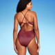 New - Women's Monokini Plunge Cut Out High Leg Lurex One Piece Swimsuit - Shade & Shore Burgundy S
