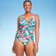 New - Women's Full Coverage Tummy Control Tropical Print Front Wrap One Piece Swimsuit - Kona Sol Multi L