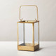 New - Small 10" Square Metal & Glass Pillar Candle Lantern Brass - Hearth & Hand with Magnolia