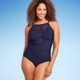 New - Women's UPF 50 Crochet High Neck One Piece Swimsuit - Aqua Green® True Navy M