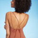 New - Women's Tunneled Plunge One Piece Swimsuit - Shade & Shore Brown S