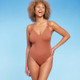 New - Women's Tunneled Plunge One Piece Swimsuit - Shade & Shore Brown S
