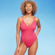 New - Women's Tunneled Plunge One Piece Swimsuit - Shade & Shore Pink L