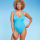 New - Women's Tunneled Plunge One Piece Swimsuit - Shade & Shore Turquoise Blue L