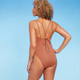 New - Women's Tunneled Plunge One Piece Swimsuit - Shade & Shore Brown M