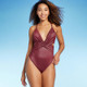 New - Women's Monokini Plunge Cut Out High Leg Lurex One Piece Swimsuit - Shade & Shore Burgundy L
