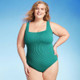 New - Women's Pucker Square Neck One Piece Swimsuit - Kona Sol Teal Green 24