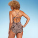New - Women's Cut Out Tunneled Tie Front High Leg One Piece Swimsuit - Shade & Shore Multi Animal Print L